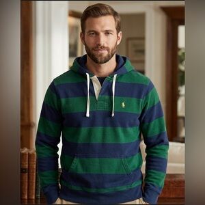 Polo Ralph Lauren Rugby Striped Hoodie Sweatshirt Medium Green & Navy RARE